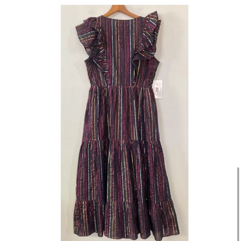 Roller Rabbit Ondine Rainbow Lurex Stripe V-Neck Cap Ruffle Midi Dress